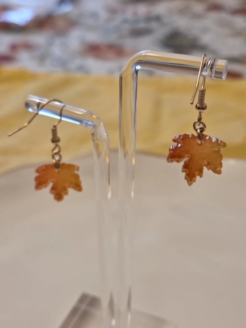 Autumn Maple Leaf Drop Earrings - Golden Orange Resin- NWT